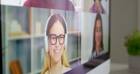 Close-up of talking friends or colleagues at the computer screen. Online meeting Stock-Footage 153089488