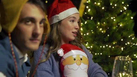 Close-up of a talking girl for the New Year. Stock Footage 220080954