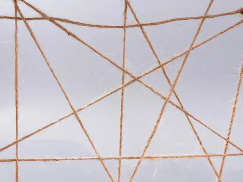 Close-up of tangled brown twine strings on a white background Photos