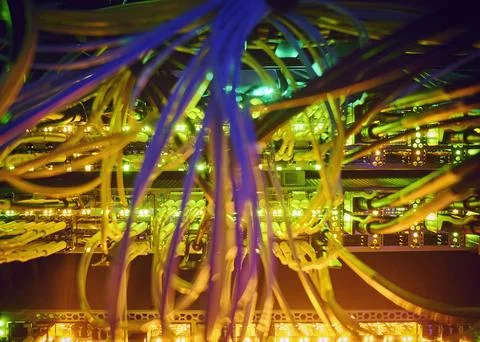 Close-up of tangled computer cables in server room Stock Photos