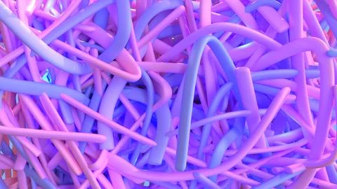 Close up of tangled flat cables. pink, purple, blue 3d render Illustrazione stock