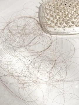 Close-up of a tangled mess of light brown and grey hair on a white surface next Stock Photos
