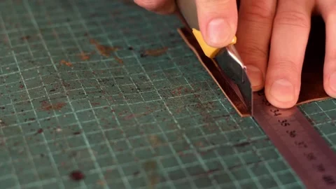Close up of tanner's hands measuring and cutting leather with knife. Stock Footage 150477706