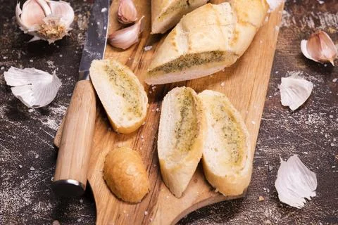 Close up tasty garlic bread table Stock Photos