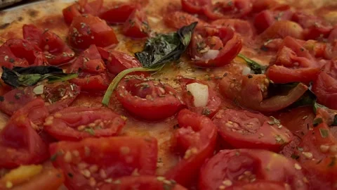 Close Up of Tasty Pizza with Tomato and Cheese Traditional Italian Dish Stock Footage 157443210