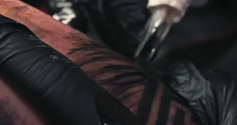 Close up tattoo artist shows the process of getting tattoos with paint. Stock Footage 236333526
