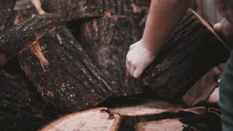 Close up of tattooed lumberjacks work Stock Footage 142108793