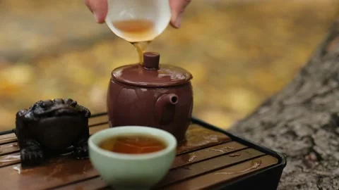 Close-up. a tea lover pours hot tea from a bowl on a clay teapot. Stock Footage 220415286