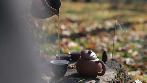 Close-up. tea is poured from earthenware into a ceramic bowl. chinese tea Stock Footage 229859389