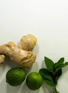 Close-up tea supplement. Peppermint, ginger and lime root. Detox. Copy space. Stock Photos