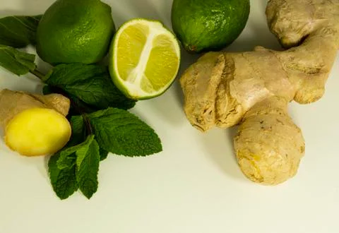 Close-up tea supplement. Peppermint, ginger and lime root. Detox. Copy space. Stock Photos