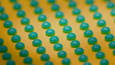 Close-up teal 3D brain models in repeating pattern on yellow background.. Stock Photos