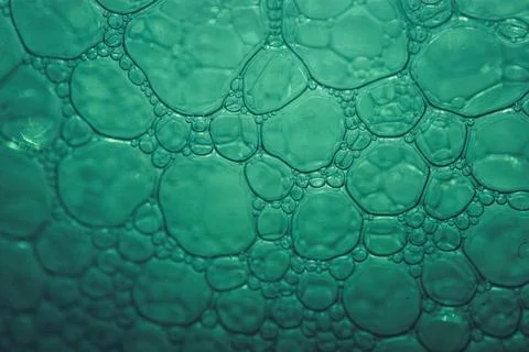 Close-up of teal-colored bubbles, possibly from soap or a chemical reaction,  Stock Photos
