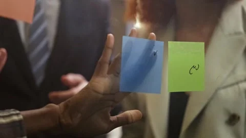 Close-up of team brainstorming with sticky notes on glass during planning Stock-Footage 321385642