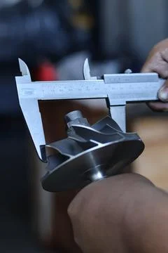 Close up of a technician using a vernier caliper to measure a turbocharger .. 库存照片