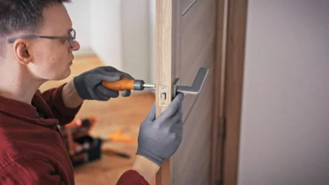 A close-up of a technicians face in glasses focused on repairing a door lock Stock Footage 342239824