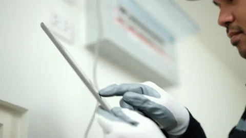 Close up technicians in uniform installing network cable and using tablet. Stock Footage 234261819