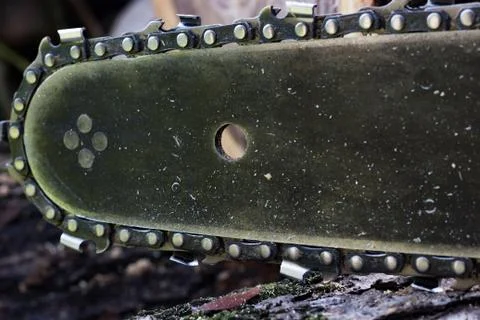 Close up teeth of chainsaw. Stock Photos