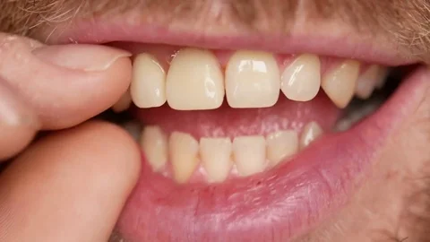 Close-up of teeth. A man shows his denture on two teeth. There are not enough Stock Footage 82184712