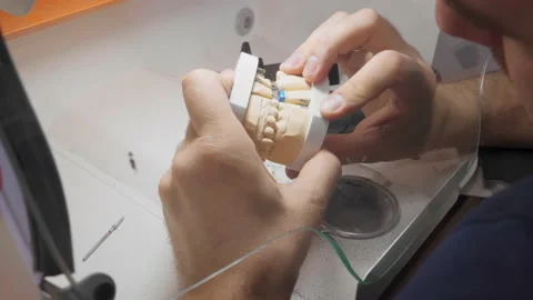 Close Up Of Teeth Model Assembly By Professional Dentist Doctor In Laboratory Stock Footage 200872453