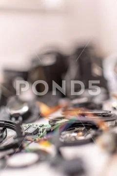 Close up of telephoto zoom lens in parts on a table Stock Photos