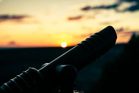 Close up of telescope at sunset with blurry background in grand canyon nation Stock Photos