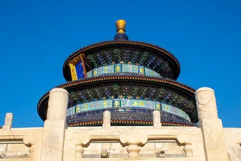 Close up on Temple of Heaven from below with white marble fence, Beijing Chin Stock Photos