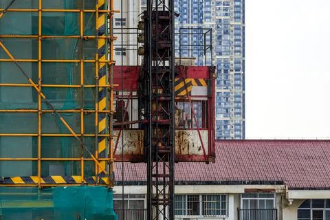 Close-up of temporary construction elevator used on building site Stock Photos
