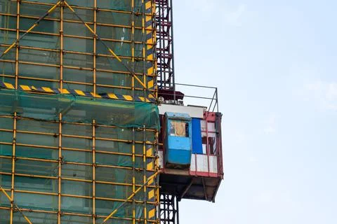 Close-up of temporary construction elevator used on building site Foto stock