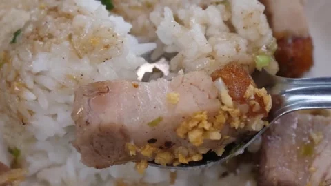 Close-up of Tender Barbecue Steak Cubes over Fragrant Garlic Fried Rice Video stock 338212037