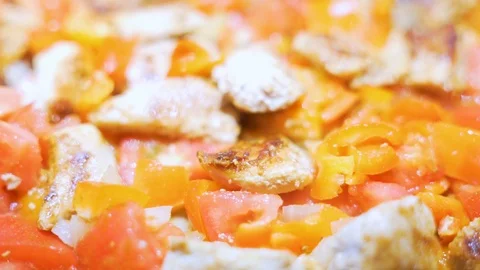 Close-up of tender steaming boiling meat with colorful vegetables. Cooking, food Stock-Footage 119062042