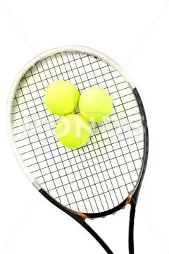 Close-up of tennis racket and balls on white background Stock Photos