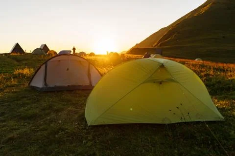 Close-up of a tent at sunset Stock Photos