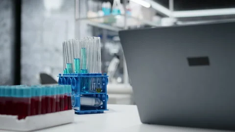 Close up of test tube racks on workbench in sterile empty hospital laboratory Stock Footage 327243333