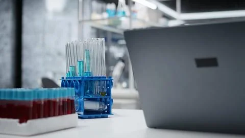 Close up of test tube racks on workbench in sterile empty hospital laboratory Stock Photos