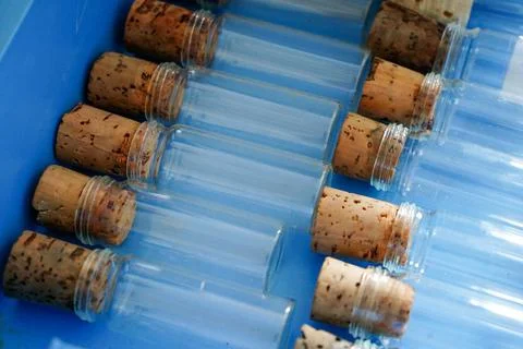 Close up of test tubes and cork bungs 스톡 사진