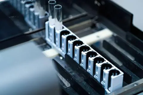 Close-up of test tubes in a laboratory rack Stock Photos