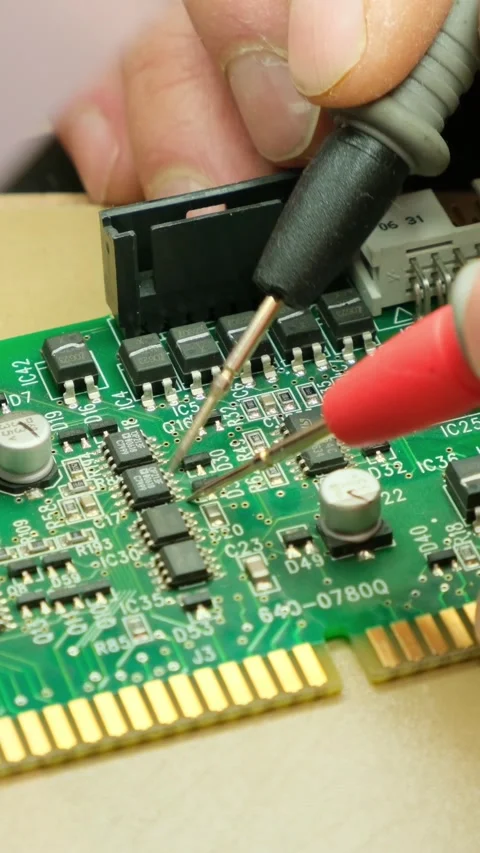 Close-up of testing the printed circuit board of an electronic device Stock Footage 293787215