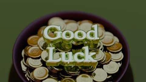 Close-up of the text "Good Luck" raised above gold coins inside a black pot.. Ilustração Stock