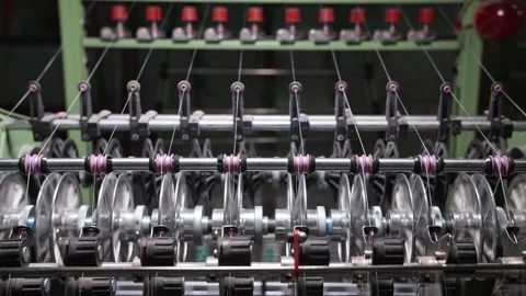 Close up of textile machine in slow motion. Fibre thread lines on the weaving Video stock 222133499