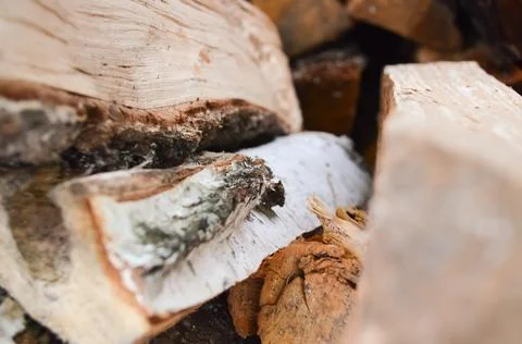 Close-up texture of dry fireplace logs. Texture of firewood stacked in heap. Stock Photos