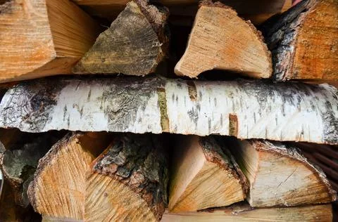 Close-up texture of dry fireplace logs. Surface of the chopped campfire logs. Stock Photos