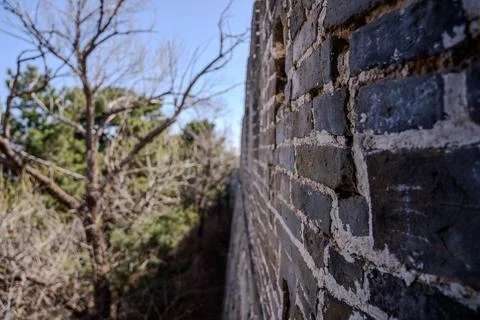 Close texture of Great Wall brick wall in Beijing mountains Stock Photos