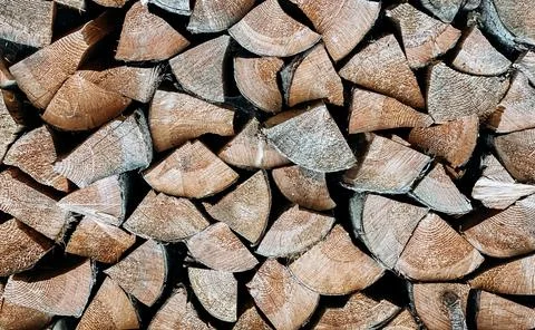Close-up texture of pine logs prepared and folded neatly Stock Photos