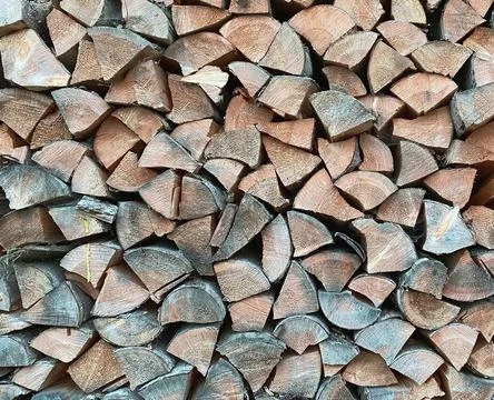 Close-up texture of pine logs prepared and folded neatly Stock Photos