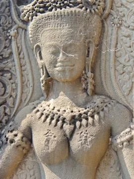 Close-up texture of stone carving in the Temple of Angkor Wat in Seam Reap Ci Stock Photos