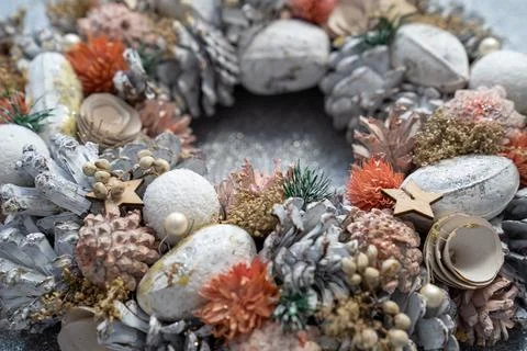 Close up texture top view new year holiday decoration on silver background Stock Photos