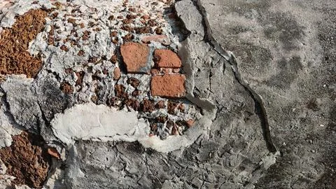 Close-up of textured wall showing bricks and concrete details. Stock Photos