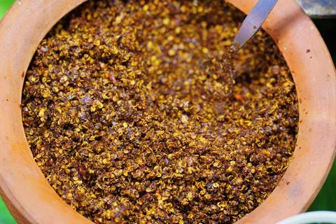 Close up of Thai Chili Paste or Naam Prik Phao, thai street food market Stock Photos