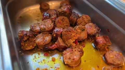 Close-up of Thai stir-fried fermented pork with egg, Northern sausage Stock Footage 312099641